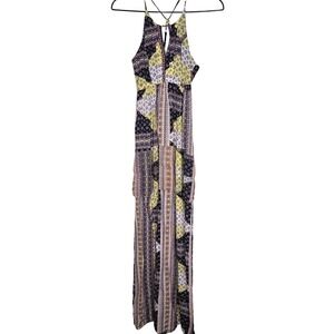 BCBGeneration Patchwork Floral Halter Maxi Dress Yellow Navy Boho Size 0